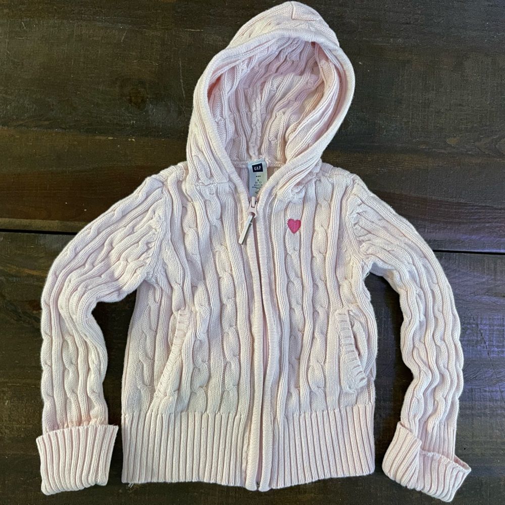 Blush pink hooded cable knit zip up sweater by GAP